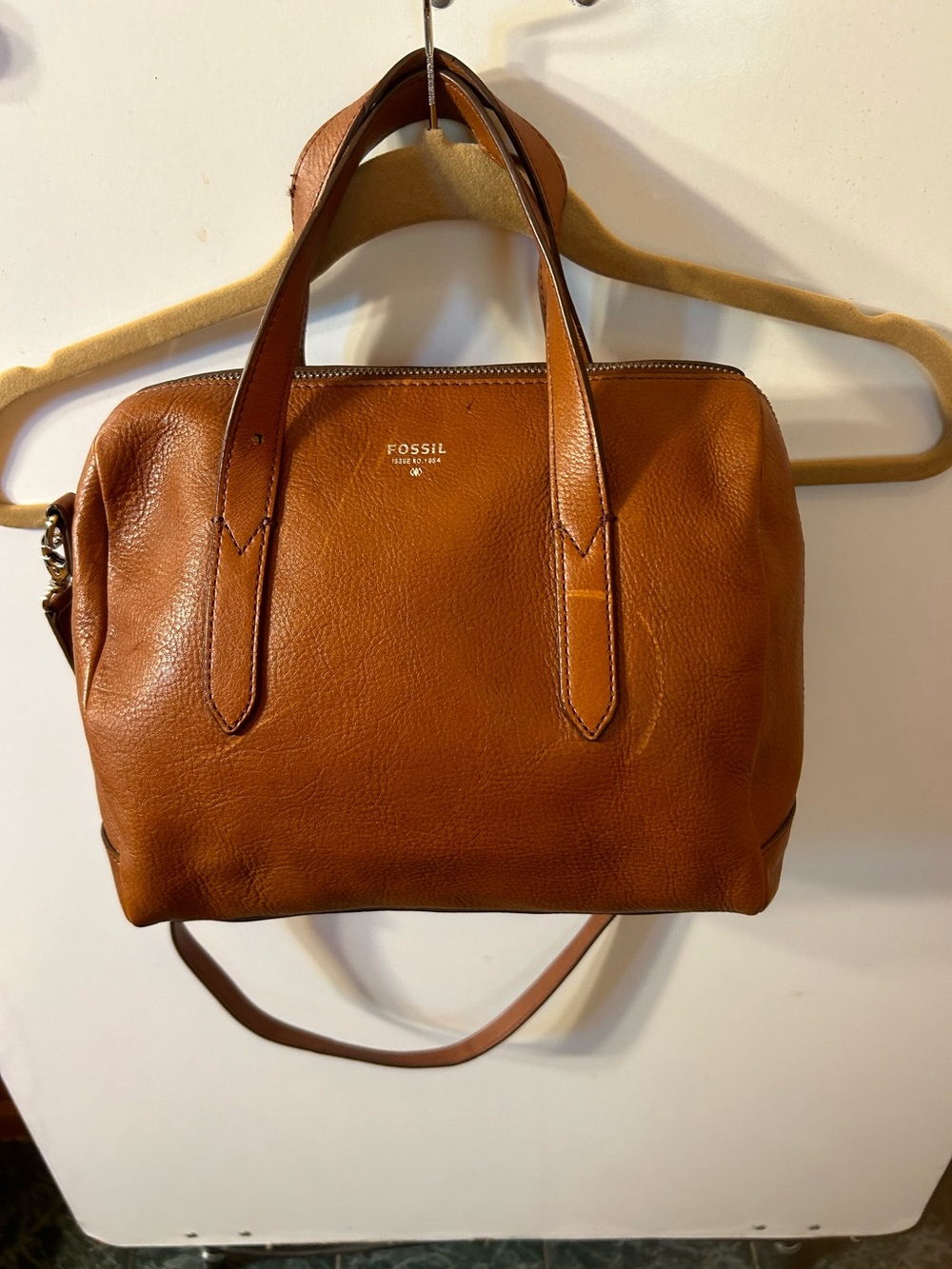 FOSSIL SYDNEY SATCHEL/CROSSBODY RICH BROWN LEATHER TEXTURED FINISH SILVER TONE